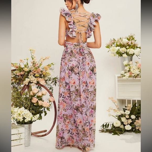 Belle Floral Print Sweetheart Neck Lace Up Backless Ruffle Trim Dress - Picture 3 of 8